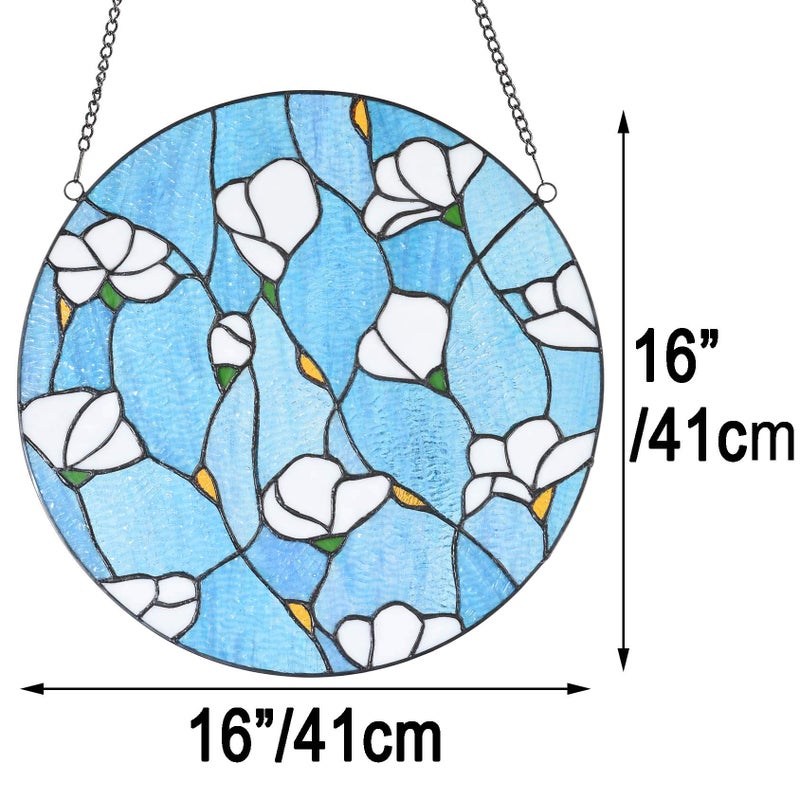 Bieye W10063 Magnolia Flower Tiffany Style Stained Glass Window Panel with Chain, Round Shape, 16-inch Wide - Image 3